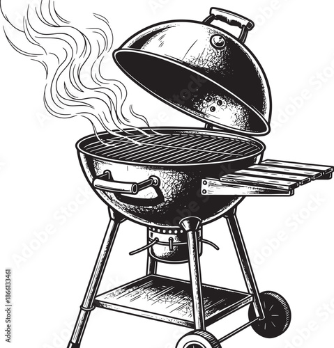 smoking barbecue grill with lid open on stand