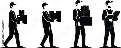 Warehouse worker silhouette, black vector, package handling, delivery task, logistics operation, job role, graphic, illustration, workflow, inspectionWarehouse worker silhouette, black vector