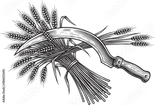 scythe with tied wheat sheaves and ears
