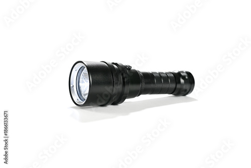 Waterproof black aluminum led flashlight isolated on white background    
