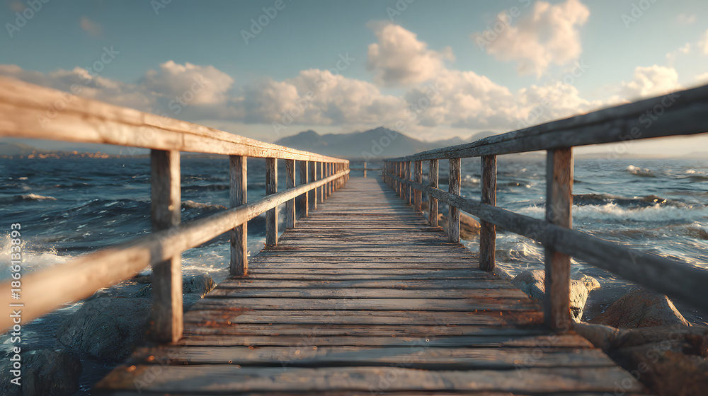 Fototapeta premium A wooden bridge gently stretches toward the sea, inviting you to walk into the calm horizon where the sky meets the shimmering water.