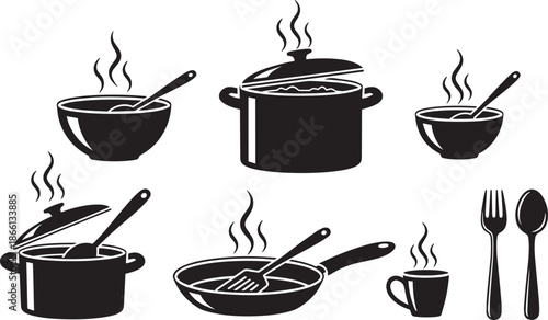 black silhouettes of kitchen utensils and cookware on white