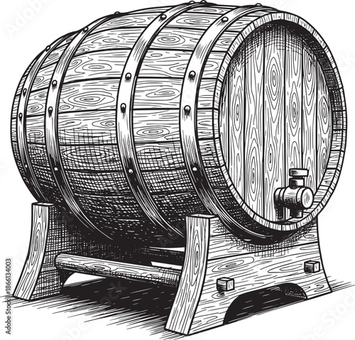woodenbarrelwithmetalhoopsonstand
