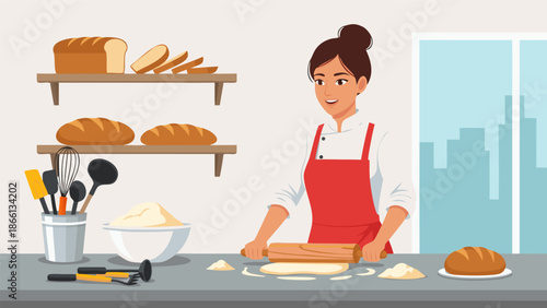 vector illustration of a baker woman in a red apron rolling dough with a rolling pin on a kitchen counter with baked bread on shelves and city skyline in the background