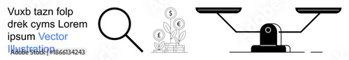 Business strategy, financial stability, decision-making, sustainable investment, justice, legality. Magnifying glass, money tree scales of justice. Financial stability and decision-making concept