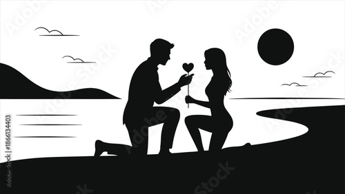 Romantic couple proposal silhouette on beach vector. Black and white illustration of man and woman kneeling exchanging heart. Valentine's Day engagement, wedding, and love concept. Minimalist graphic 
