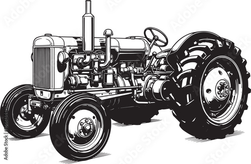 vintage tractor illustration in black and white colors