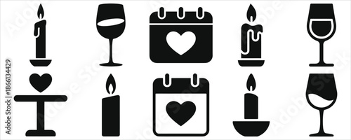Romantic Date Night Icon Set. Vector symbols for Valentine's Day celebration. Includes candle, wine glass, and heart calendar for a special dinner.