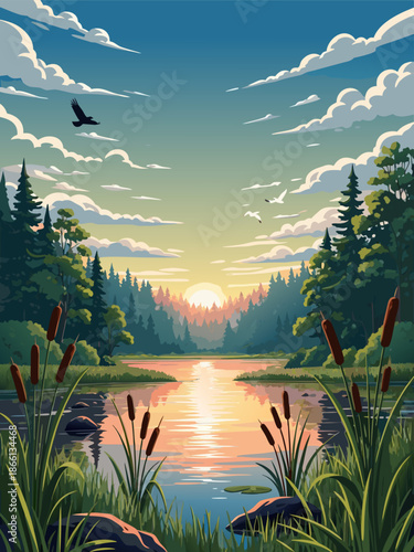 Serene Lakeside Sunrise Vector Illustration A Tranquil Nature Scene