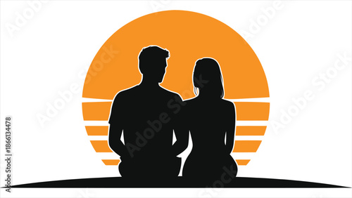 Romantic Couple Silhouette Sitting Together at Sunset Vector Illustration for Valentine's Day, Anniversary, Wedding Card, Love Concept, Minimalist Male and Female Figures with Orange Sun Background