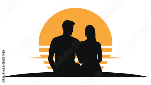 Romantic Valentine's Day Silhouette of a Couple Sitting Together at Sunset. Vector Illustration of Man and Woman in Love Against an Orange Sun Background, Ideal for Wedding, Anniversary, and Romance.