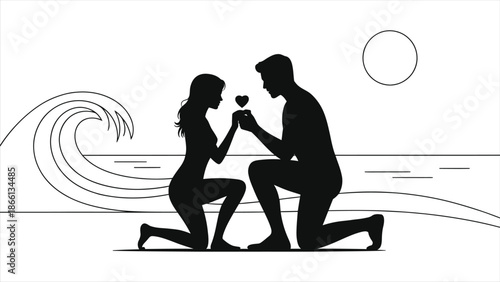 Romantic Beach Proposal Silhouette Vector – Couple on Knees with Heart Symbol at Seaside, Love and Engagement Concept for Valentine’s Day, Wedding Invitation, or Romantic Celebration Design