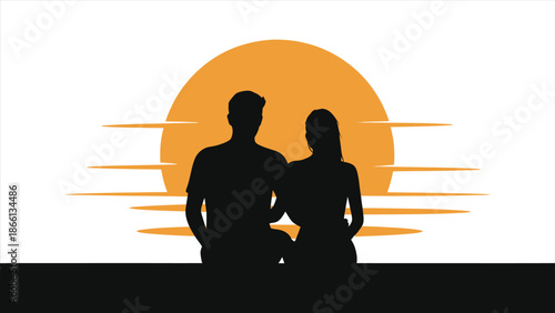 Couple Silhouette Holding Hands Against Retro Sunset Vector Illustration - Romantic Valentine's Day Love Concept with Man Woman Back View Watching Big Orange Sun, Flat Minimalist Style Design