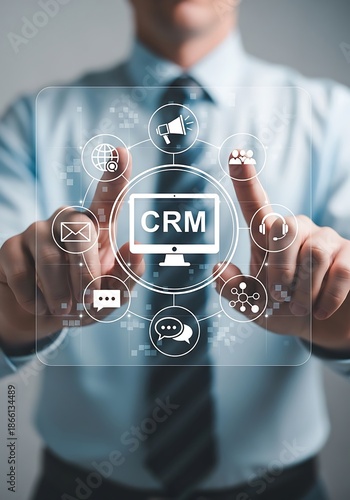 Hand interacting with CRM system icons on a digital screen