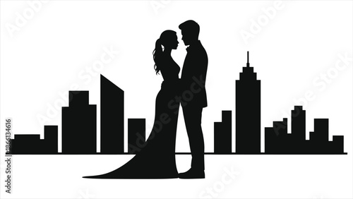 Romantic couple silhouette embracing against a city skyline. Vector illustration for Valentine's Day, wedding, anniversary, or love concept.