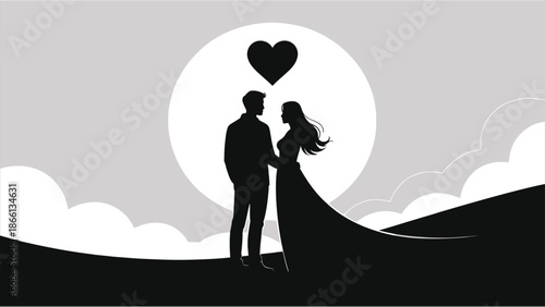 Romantic Valentine's Day Silhouette of Couple on a Hill with Heart Sky Background. Minimalist Black and White Vector Illustration for Wedding, Anniversary, and Love Greeting Cards Backdrop Design.
