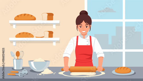 Delighted Baker Woman Rolling Dough in Kitchen Vector Illustration - Professional Baking Scene