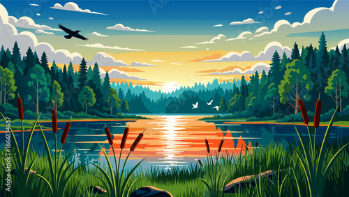 Vibrant Vector Illustration of a Serene Lakeside Sunset Scene with Lush Greenery and Reflecting Water, perfect for nature and landscape designs