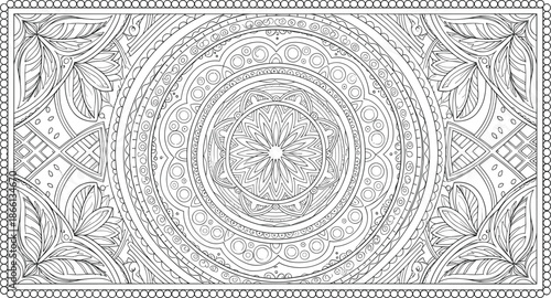 Black and white mandala, concentric circular design, intricate floral geometry, decorative corner patterns, meditation coloring page, ornamental line art