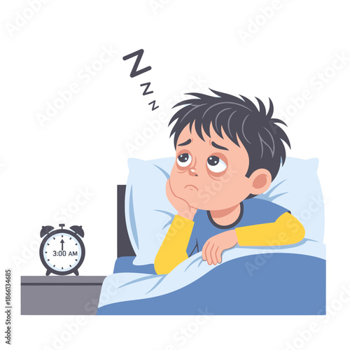 Tired Boy Awake in Bed at 3 AM, Insomnia Concept
