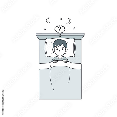 Boy in bed with question mark thinking about sleep issues or insomnia
