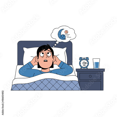 Man unable to sleep, tossing and turning in bed, thinking about insomnia and time