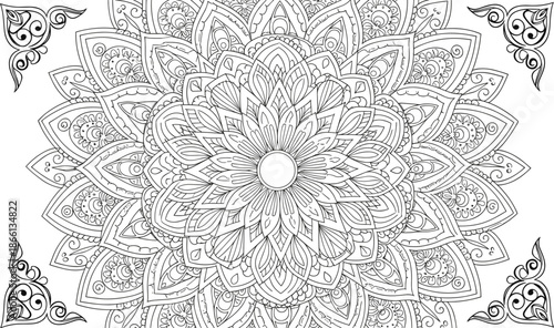 Intricate Mandala Coloring Page for Adults Featuring Detailed Floral Patterns and Ornate Geometric Designs with Decorative Corner Accents for Stress Relief
