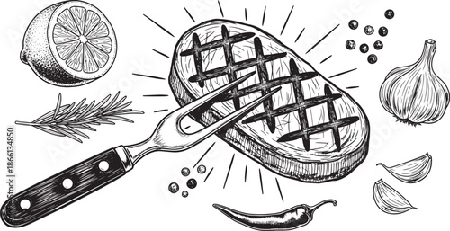 grilled steak with fork and various ingredients around it