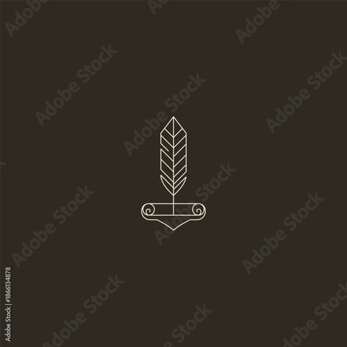 Feather and scroll line art logo representing knowledge and creativity.