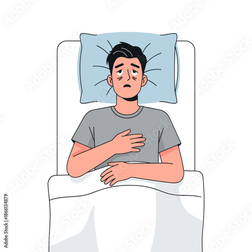 Man awake in bed at night, feeling stressed and anxious, insomnia concept