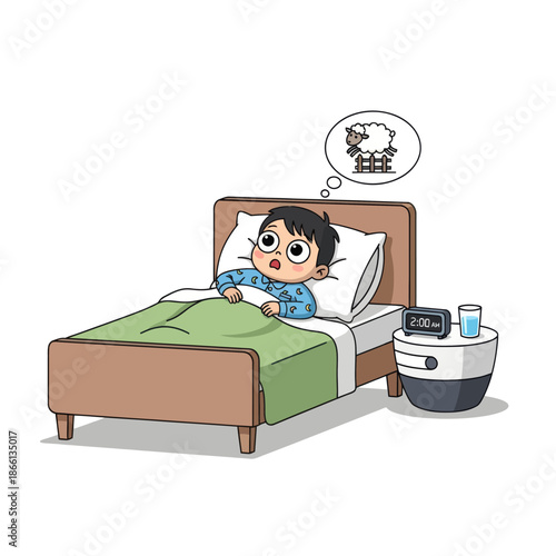 Child awake in bed at night dreaming of jumping sheep, insomnia concept