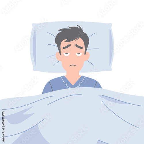 Man with tired eyes lying in bed under blanket, insomnia, sleep deprivation concept