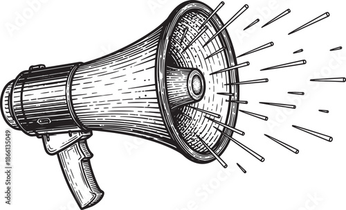 Vintage bullhorn loudspeaker device for public speaking  sound waves emitting