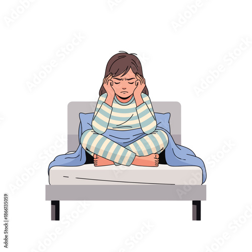 Young girl sitting in bed, suffering from headache and stress, looking distressed.