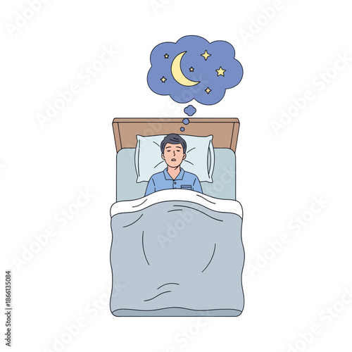 Man lying in bed at night, dreaming of moon and stars in a thought bubble