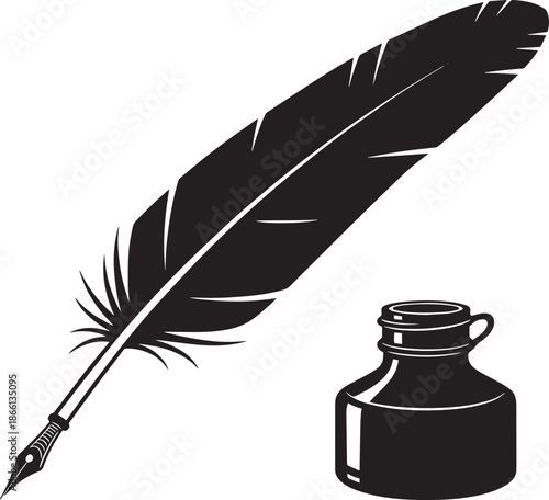 quill pen and inkwell on transparent background