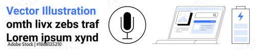 Voice recognition, workflow automation, energy management, user interface design, communication technology, digital applications. Microphone, digital interface battery charging icon. Voice