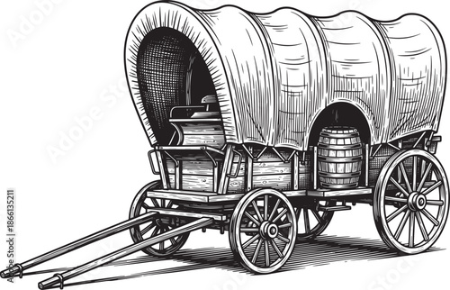 covered wagon with wooden barrel and canvas roof