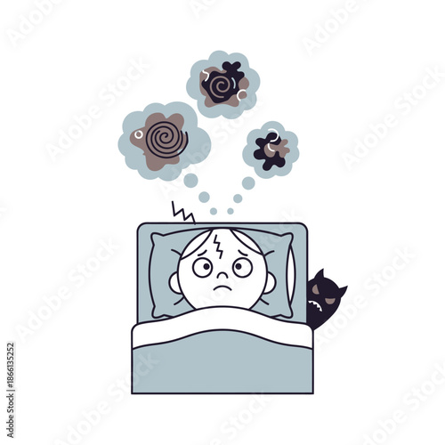 Child Scared in Bed by Nightmare Monster, Anxiety and Fear Concept