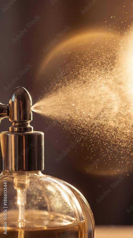 Fototapeta premium Luxurious perfume spray with golden mist for elegant fragrance design