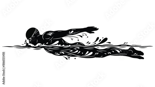 Silhouette of a swimmer powerfully cutting through water with dynamic strokes.