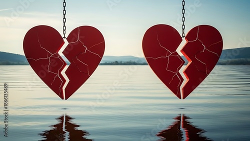 Two broken hearts hanging over the water reflecting feelings of separation and loss