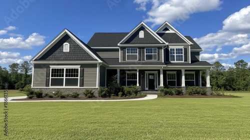 Gray two-story house, sunny day, green lawn, trees background, real estate