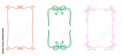 A set of three hand-drawn frames in orange, green, and pink, featuring bows and hearts, on a white background, perfect for decorative and design purposes.