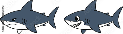 Cartoon shark vector set with cute and aggressive expressions isolated on white background marine animal illustration