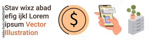 Digital finance, online money transfer, mobile payments, financial technology, savings, business innovation. Hand holding a smartphone with app, dollar sign and plant. Digital finance and mobile