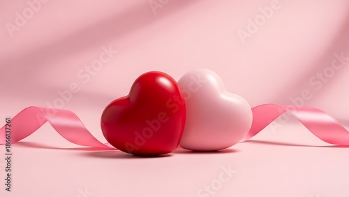 A romantic image featuring a red and pink heart side by side on a pink surface
