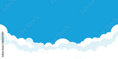 Bright blue sky with flat design cartoon clouds bottom border isolated on white background