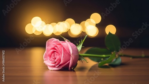 A single pink rose rests on a wooden surface with bokeh lights