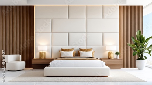 Modern bedroom, centered bed with wide integrated velvet headboard spanning the wall, built in lights, cozy functional luxury